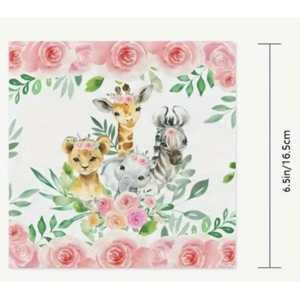 Set of Two (2) INDIVIDUAL Floral Pink Safari Jungle Animals Decoupage Napkins